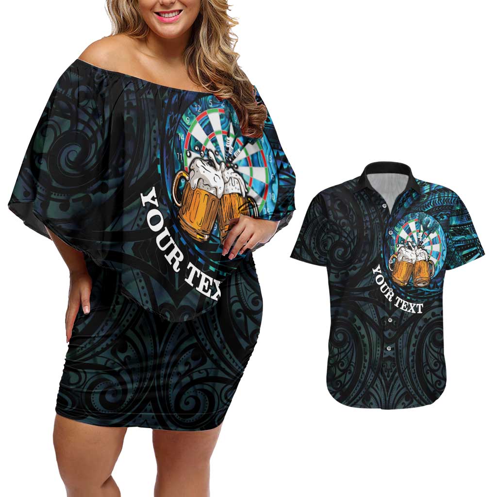 Personalized New Zealand Darts Beer Couples Matching Off Shoulder Short Dress and Hawaiian Shirt Paua Shell Aotearoa Maori Tattoo LT14 Black - Polynesian Pride