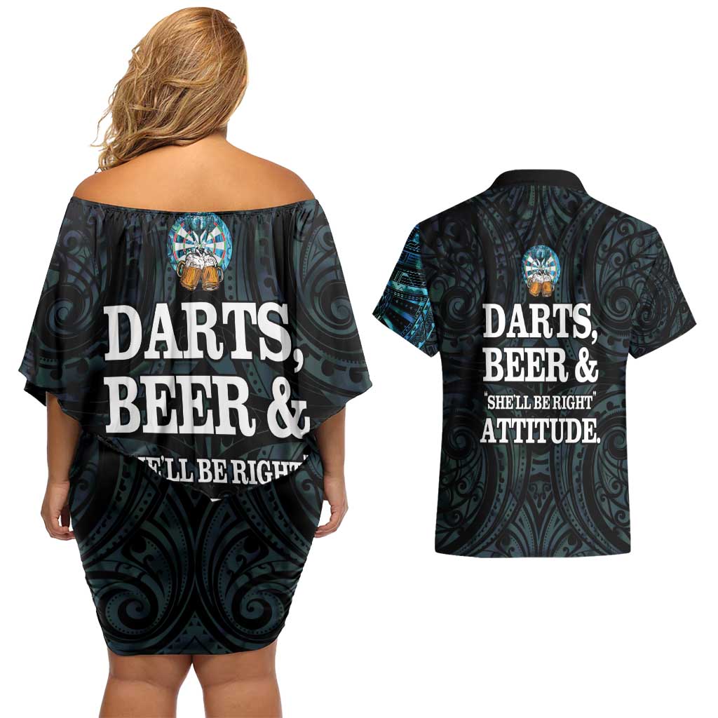 Personalized New Zealand Darts Beer Couples Matching Off Shoulder Short Dress and Hawaiian Shirt Paua Shell Aotearoa Maori Tattoo LT14 - Polynesian Pride