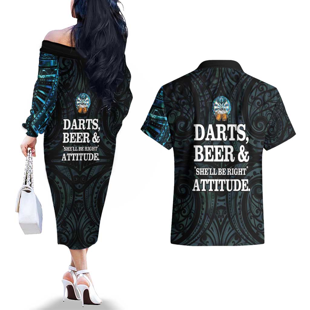 Personalized New Zealand Darts Beer Couples Matching Off The Shoulder Long Sleeve Dress and Hawaiian Shirt Paua Shell Aotearoa Maori Tattoo LT14 - Polynesian Pride