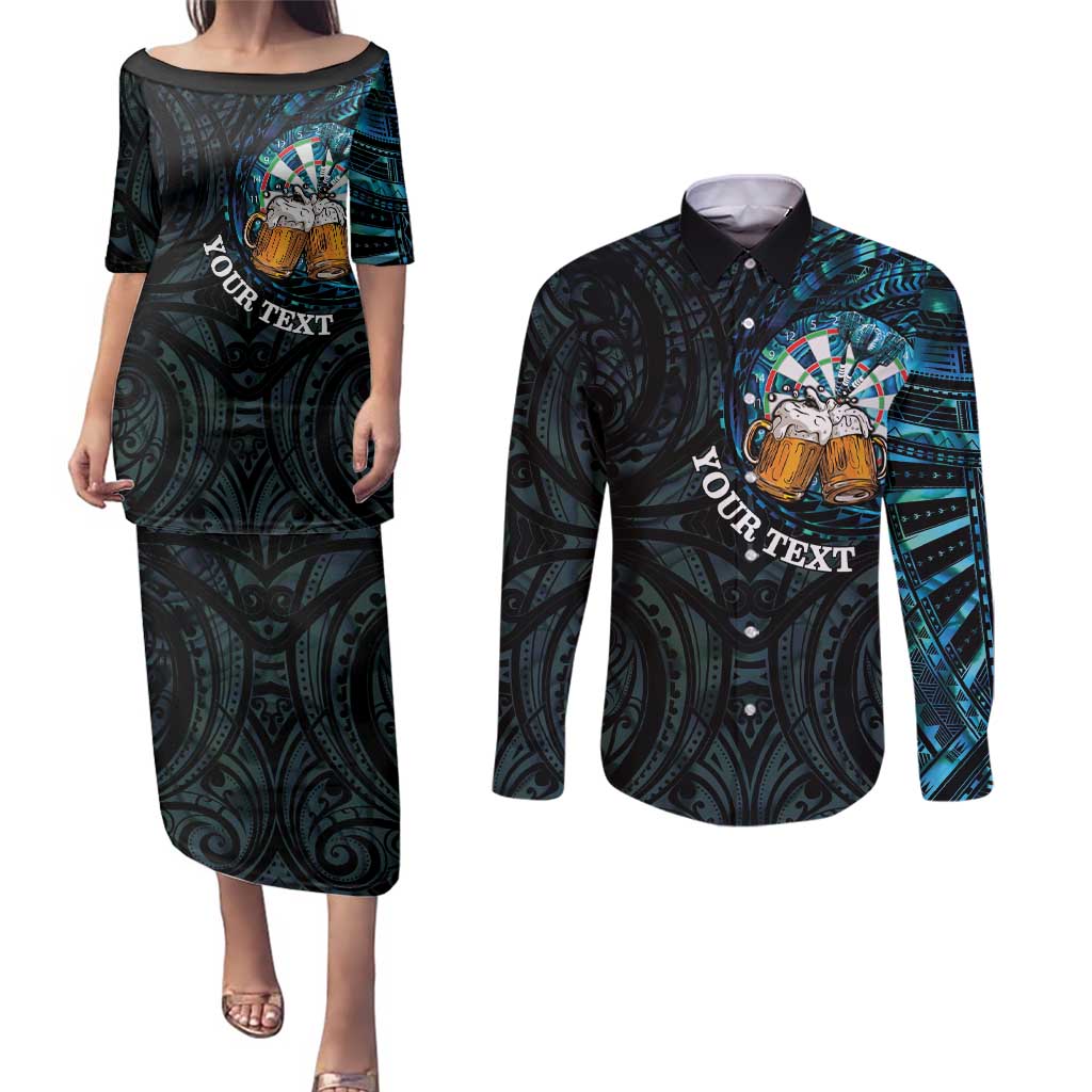 Personalized New Zealand Darts Beer Couples Matching Puletasi and Long Sleeve Button Shirt Paua Shell Aotearoa Maori Tattoo - Polynesian Pride