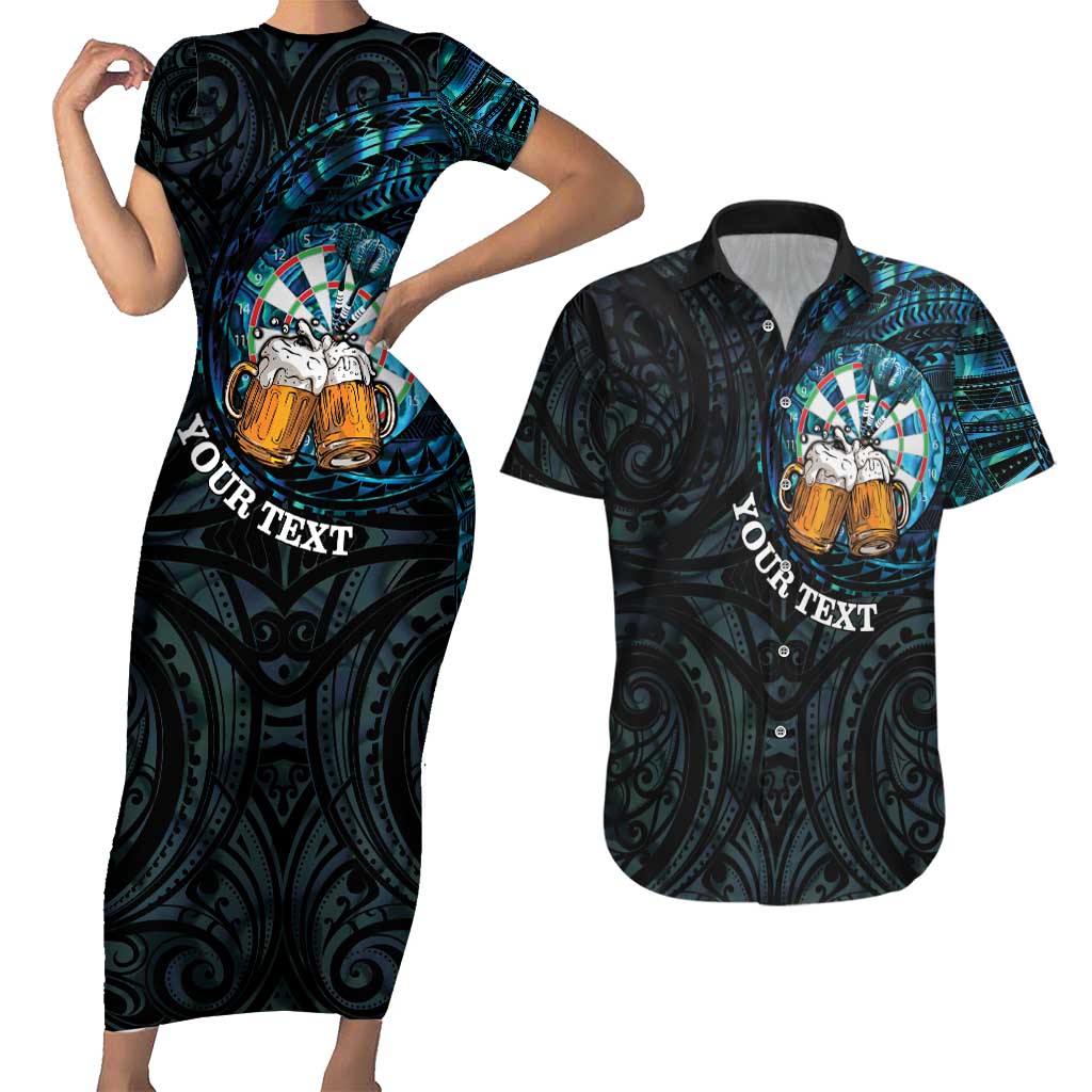 Personalized New Zealand Darts Beer Couples Matching Short Sleeve Bodycon Dress and Hawaiian Shirt Paua Shell Aotearoa Maori Tattoo LT14 Black - Polynesian Pride