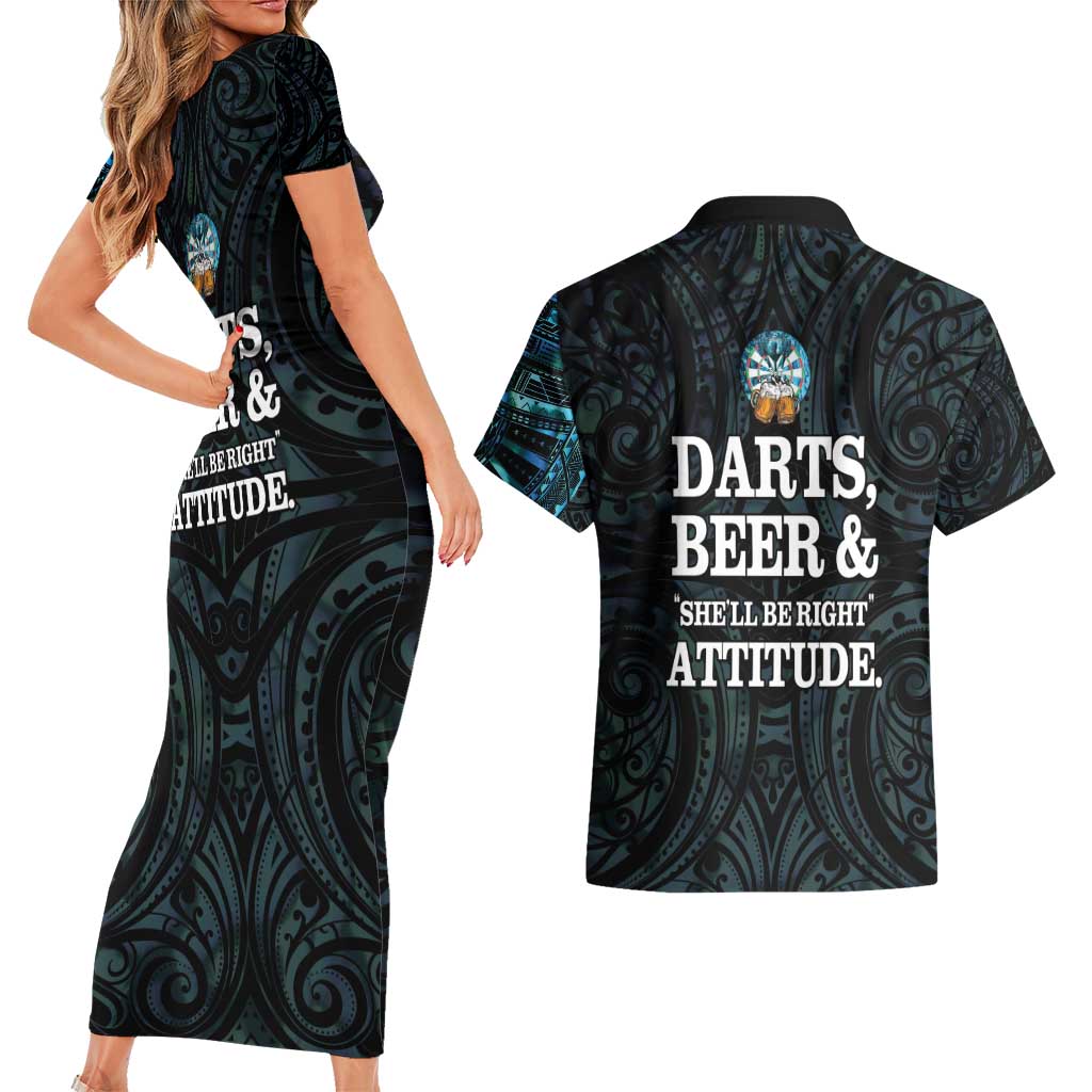 Personalized New Zealand Darts Beer Couples Matching Short Sleeve Bodycon Dress and Hawaiian Shirt Paua Shell Aotearoa Maori Tattoo LT14 - Polynesian Pride