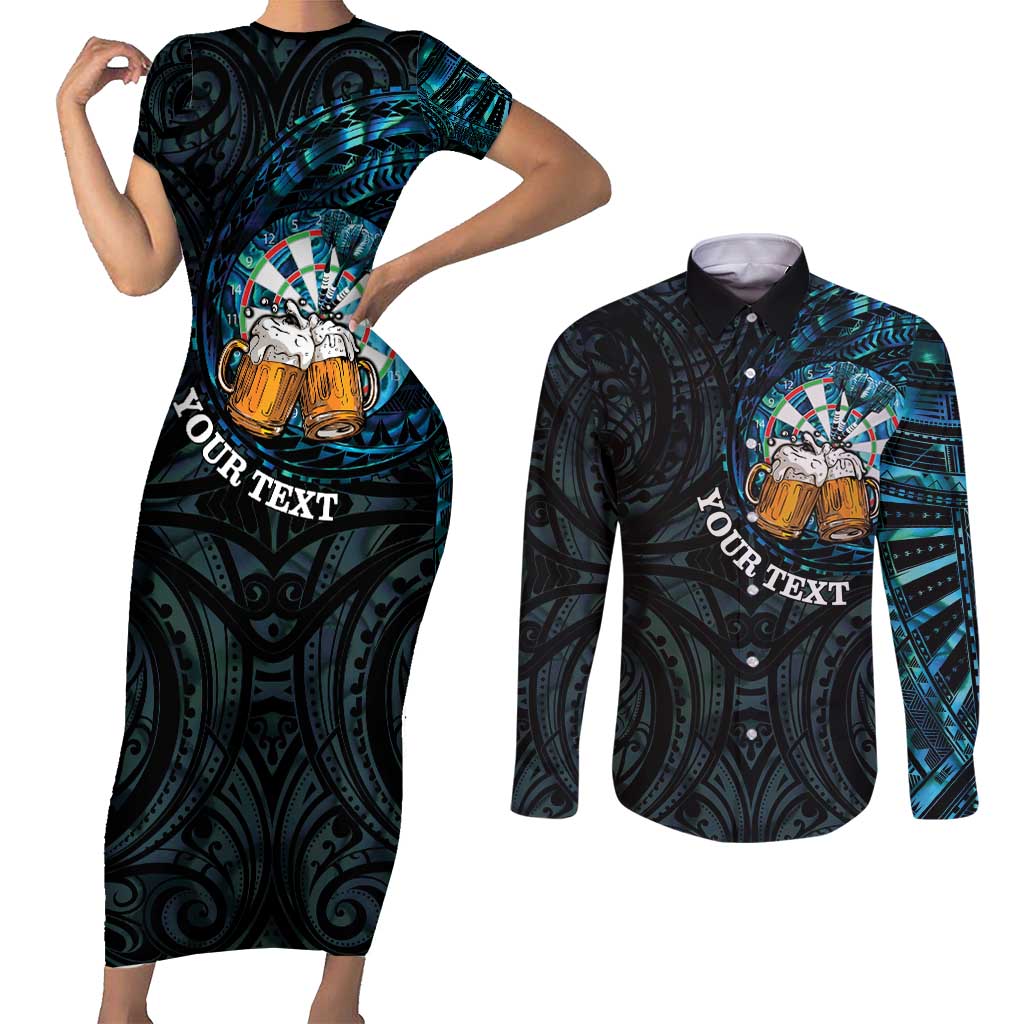Personalized New Zealand Darts Beer Couples Matching Short Sleeve Bodycon Dress and Long Sleeve Button Shirt Paua Shell Aotearoa Maori Tattoo LT14 Black - Polynesian Pride