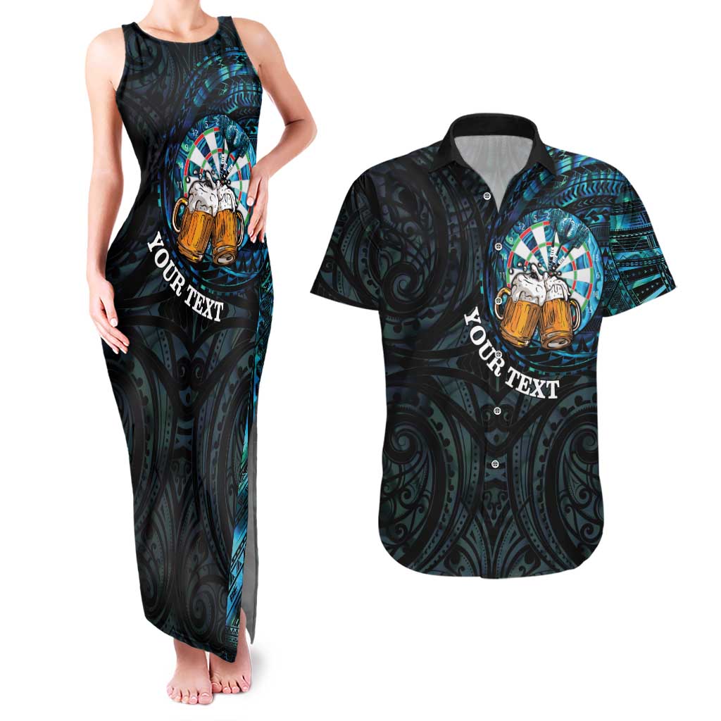 Personalized New Zealand Darts Beer Couples Matching Tank Maxi Dress and Hawaiian Shirt Paua Shell Aotearoa Maori Tattoo LT14 Black - Polynesian Pride