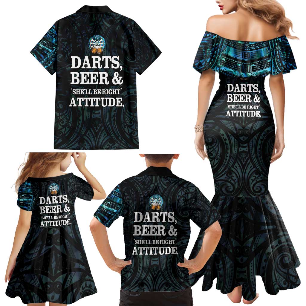 Personalized New Zealand Darts Beer Family Matching Mermaid Dress and Hawaiian Shirt Paua Shell Aotearoa Maori Tattoo LT14 - Polynesian Pride