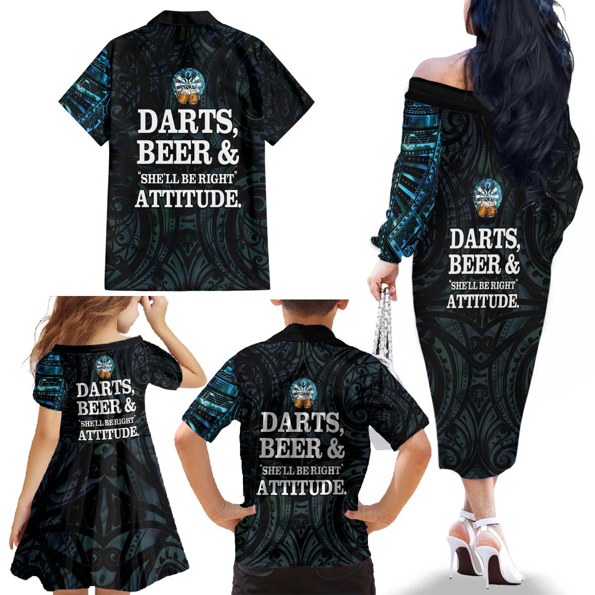 Personalized New Zealand Darts Beer Family Matching Off The Shoulder Long Sleeve Dress and Hawaiian Shirt Paua Shell Aotearoa Maori Tattoo LT14 - Polynesian Pride