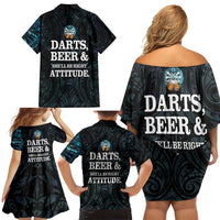 Personalized New Zealand Darts Beer Family Matching Off Shoulder Short Dress and Hawaiian Shirt Paua Shell Aotearoa Maori Tattoo LT14 - Polynesian Pride