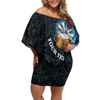 Personalized New Zealand Darts Beer Family Matching Off Shoulder Short Dress and Hawaiian Shirt Paua Shell Aotearoa Maori Tattoo LT14 Mom's Dress Black - Polynesian Pride