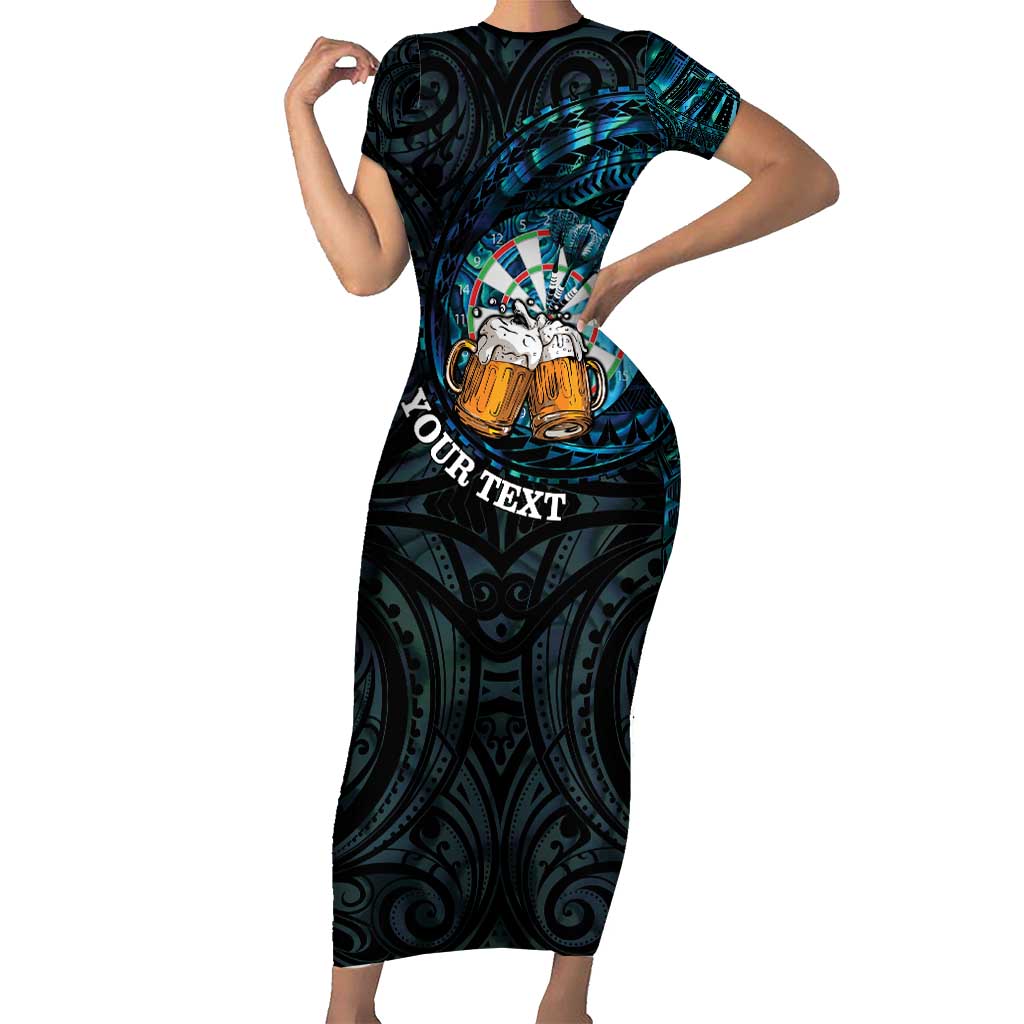 Personalized New Zealand Darts Beer Family Matching Short Sleeve Bodycon Dress and Hawaiian Shirt Paua Shell Aotearoa Maori Tattoo LT14 Mom's Dress Black - Polynesian Pride