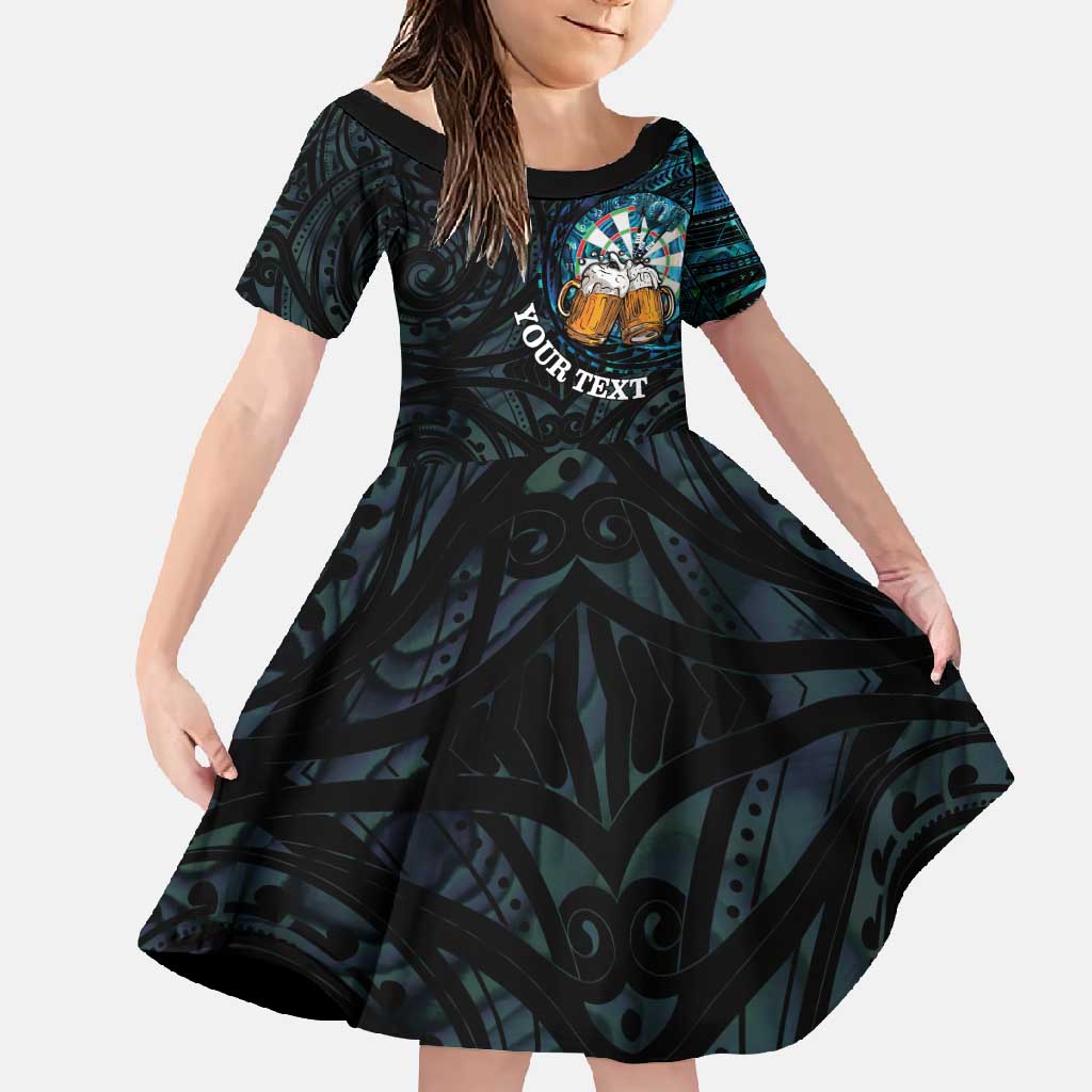 Personalized New Zealand Darts Beer Family Matching Summer Maxi Dress and Hawaiian Shirt Paua Shell Aotearoa Maori Tattoo LT14 Daughter's Dress Black - Polynesian Pride