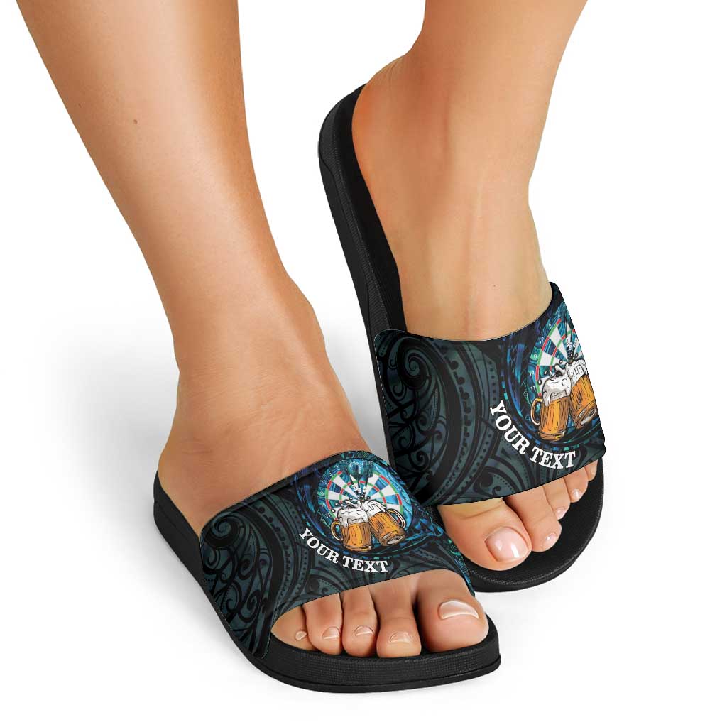 Personalized New Zealand Darts Beer Slide Sandals Paua Shell Aotearoa Maori Tattoo - Polynesian Pride