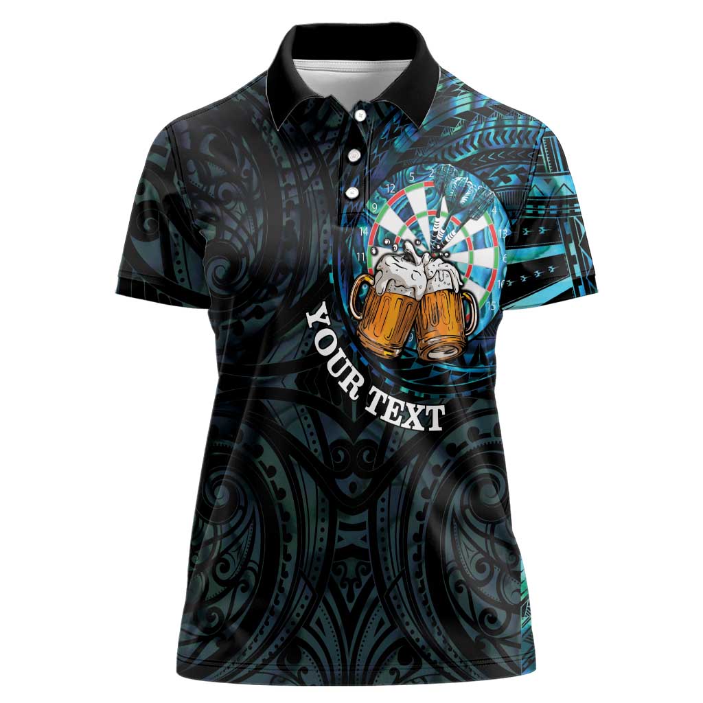 Personalized New Zealand Darts Beer Women Polo Shirt Paua Shell Aotearoa Maori Tattoo LT14 Female Black - Polynesian Pride