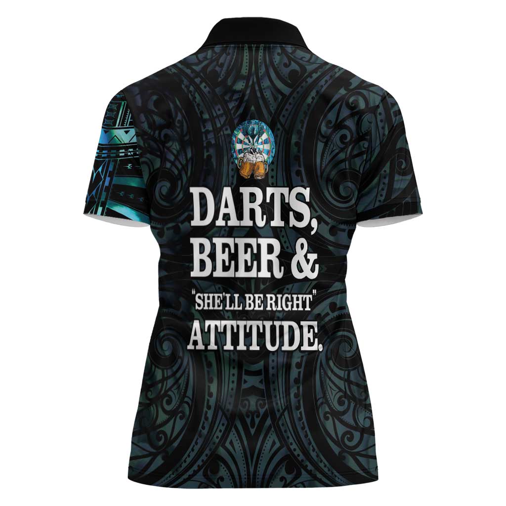 Personalized New Zealand Darts Beer Women Polo Shirt Paua Shell Aotearoa Maori Tattoo LT14 - Polynesian Pride