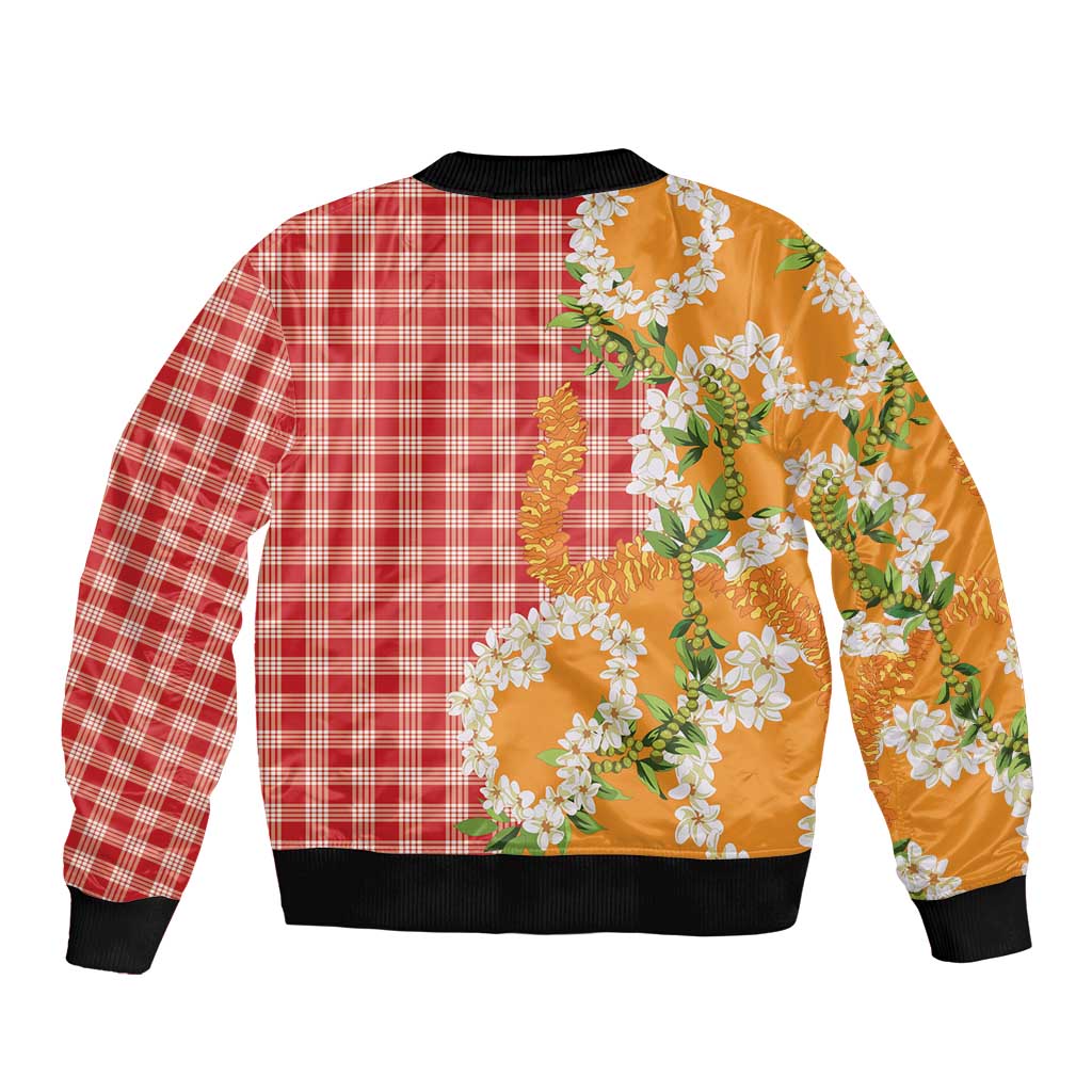 Prince Kuhio Aloha Hawaii Bomber Jacket Plumeria Ilima Lei Palaka Motifs