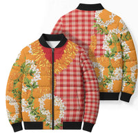 Prince Kuhio Aloha Hawaii Bomber Puffer Jacket Plumeria Ilima Lei Palaka Motifs
