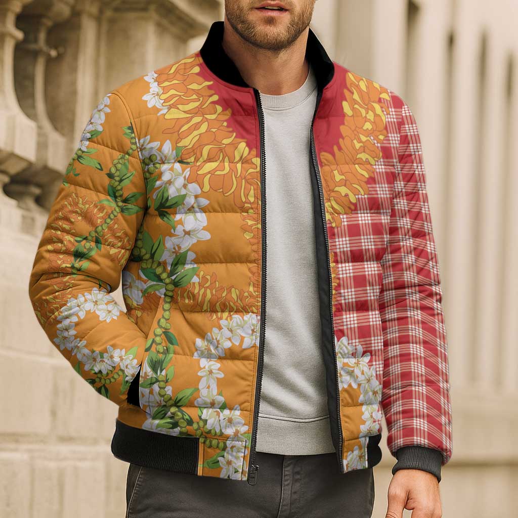 Prince Kuhio Aloha Hawaii Bomber Puffer Jacket Plumeria Ilima Lei Palaka Motifs