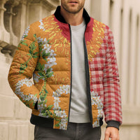 Prince Kuhio Aloha Hawaii Bomber Puffer Jacket Plumeria Ilima Lei Palaka Motifs