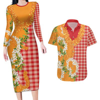 Prince Kuhio Aloha Hawaii Couples Matching Long Sleeve Bodycon Dress and Hawaiian Shirt Plumeria Ilima Lei Palaka Motifs LT14 Red - Polynesian Pride