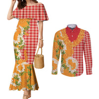 Prince Kuhio Aloha Hawaii Couples Matching Mermaid Dress and Long Sleeve Button Shirt Plumeria Ilima Lei Palaka Motifs LT14 Red - Polynesian Pride