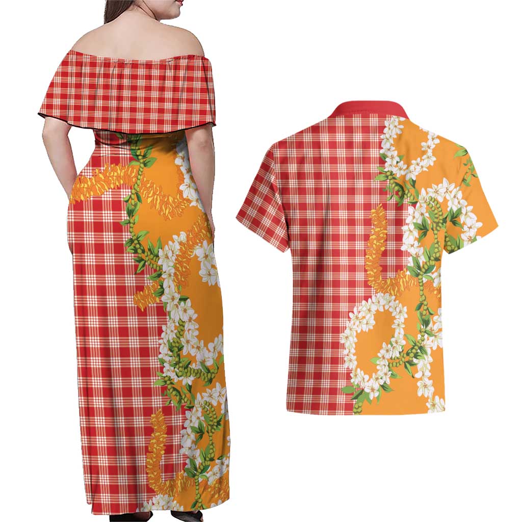 Prince Kuhio Aloha Hawaii Couples Matching Off Shoulder Maxi Dress and Hawaiian Shirt Plumeria Ilima Lei Palaka Motifs LT14 - Polynesian Pride