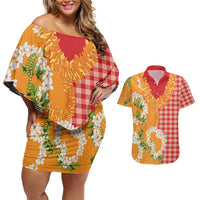 Prince Kuhio Aloha Hawaii Couples Matching Off Shoulder Short Dress and Hawaiian Shirt Plumeria Ilima Lei Palaka Motifs LT14 Red - Polynesian Pride