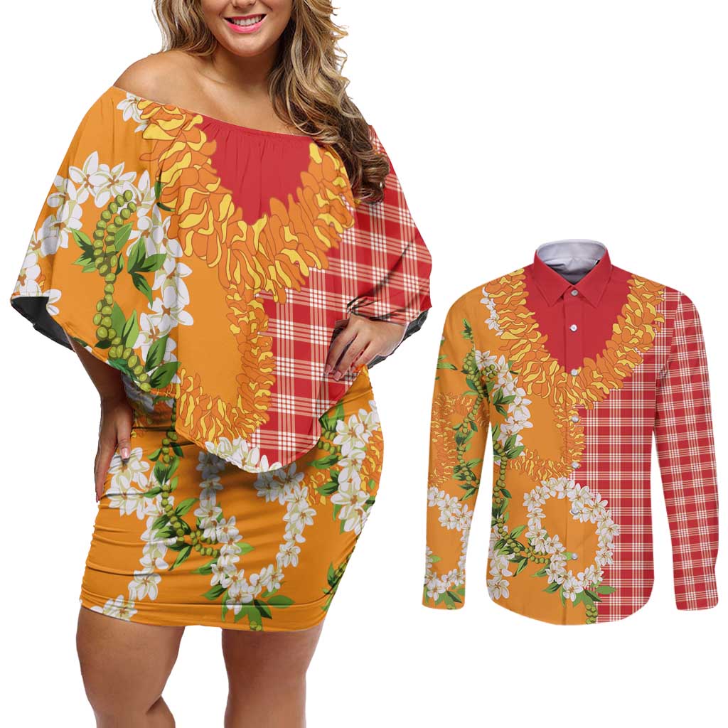 Prince Kuhio Aloha Hawaii Couples Matching Off Shoulder Short Dress and Long Sleeve Button Shirt Plumeria Ilima Lei Palaka Motifs LT14 Red - Polynesian Pride
