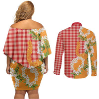 Prince Kuhio Aloha Hawaii Couples Matching Off Shoulder Short Dress and Long Sleeve Button Shirt Plumeria Ilima Lei Palaka Motifs LT14 - Polynesian Pride