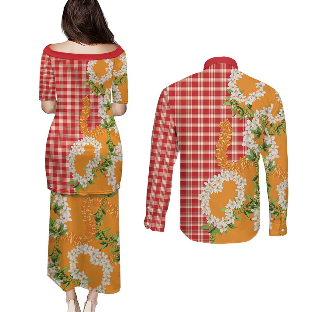 Prince Kuhio Aloha Hawaii Couples Matching Puletasi and Long Sleeve Button Shirt Plumeria Ilima Lei Palaka Motifs