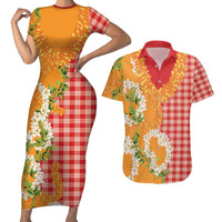 Prince Kuhio Aloha Hawaii Couples Matching Short Sleeve Bodycon Dress and Hawaiian Shirt Plumeria Ilima Lei Palaka Motifs LT14 Red - Polynesian Pride