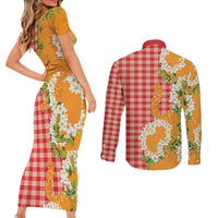 Prince Kuhio Aloha Hawaii Couples Matching Short Sleeve Bodycon Dress and Long Sleeve Button Shirt Plumeria Ilima Lei Palaka Motifs LT14 - Polynesian Pride