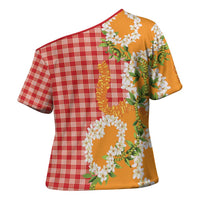 Prince Kuhio Aloha Hawaii Cross Shoulder Shirt Plumeria Ilima Lei Palaka Motifs