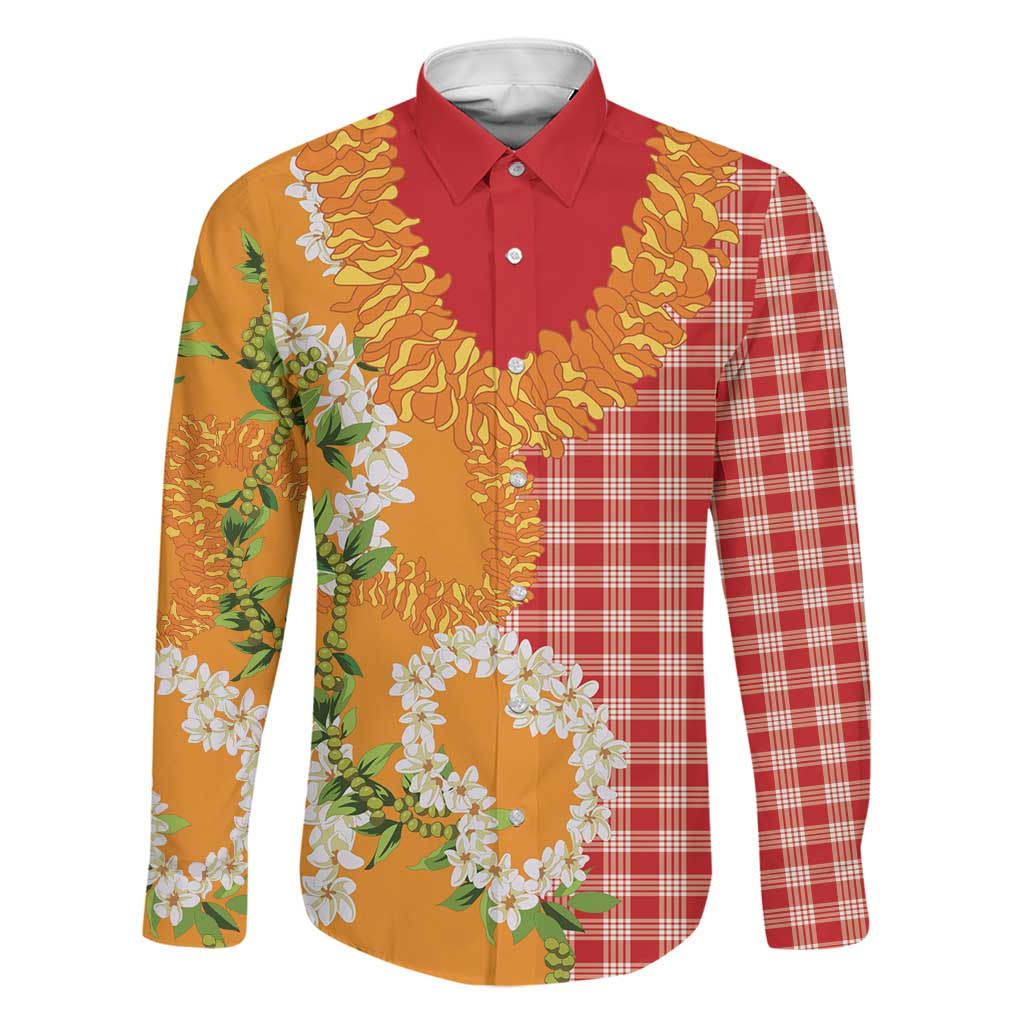 Prince Kuhio Aloha Hawaii Family Matching Off Shoulder Maxi Dress and Hawaiian Shirt Plumeria Ilima Lei Palaka Motifs LT14 Dad's Shirt - Long Sleeve Red - Polynesian Pride