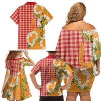 Prince Kuhio Aloha Hawaii Family Matching Off Shoulder Short Dress and Hawaiian Shirt Plumeria Ilima Lei Palaka Motifs LT14 - Polynesian Pride