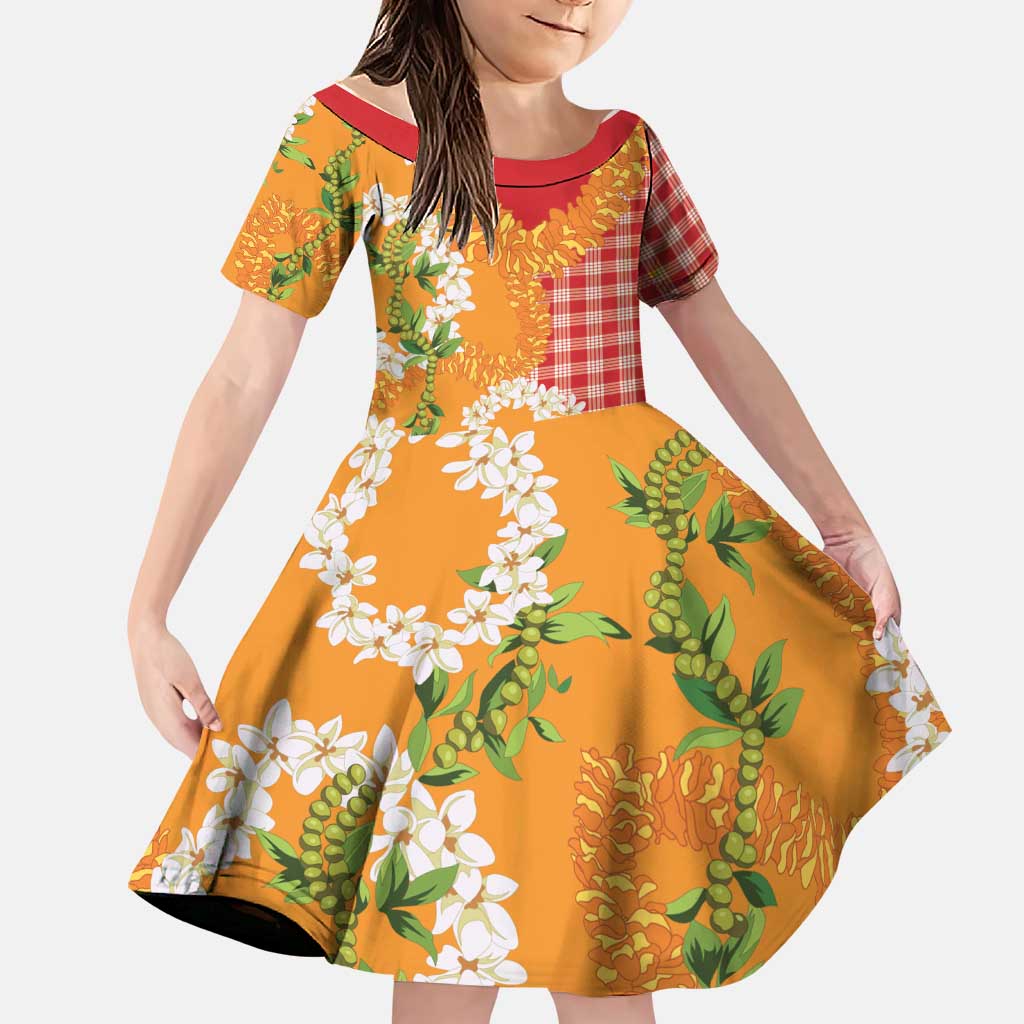 Prince Kuhio Aloha Hawaii Family Matching Puletasi and Hawaiian Shirt Plumeria Ilima Lei Palaka Motifs LT14 Daughter's Dress Red - Polynesian Pride