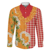 Prince Kuhio Aloha Hawaii Family Matching Summer Maxi Dress and Hawaiian Shirt Plumeria Ilima Lei Palaka Motifs LT14 Dad's Shirt - Long Sleeve Red - Polynesian Pride