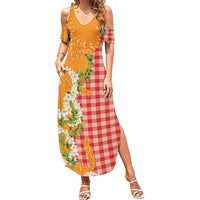 Prince Kuhio Aloha Hawaii Family Matching Summer Maxi Dress and Hawaiian Shirt Plumeria Ilima Lei Palaka Motifs LT14 Mom's Dress Red - Polynesian Pride