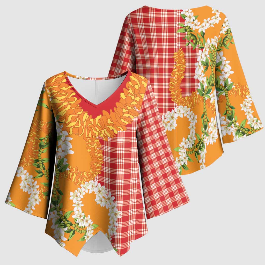 Prince Kuhio Aloha Hawaii Kimono Sleeve Blouse Plumeria Ilima Lei Palaka Motifs