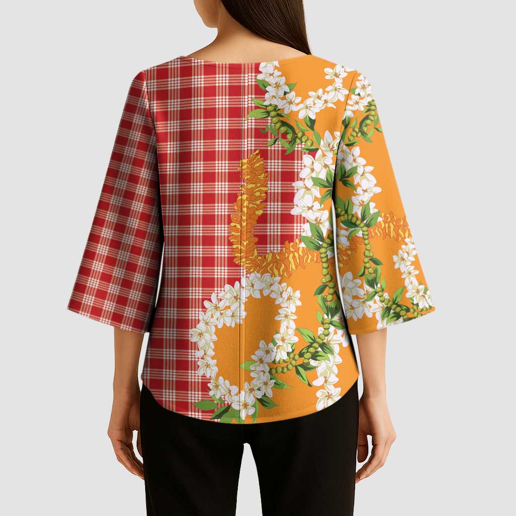 Prince Kuhio Aloha Hawaii Kimono Sleeve Blouse Plumeria Ilima Lei Palaka Motifs