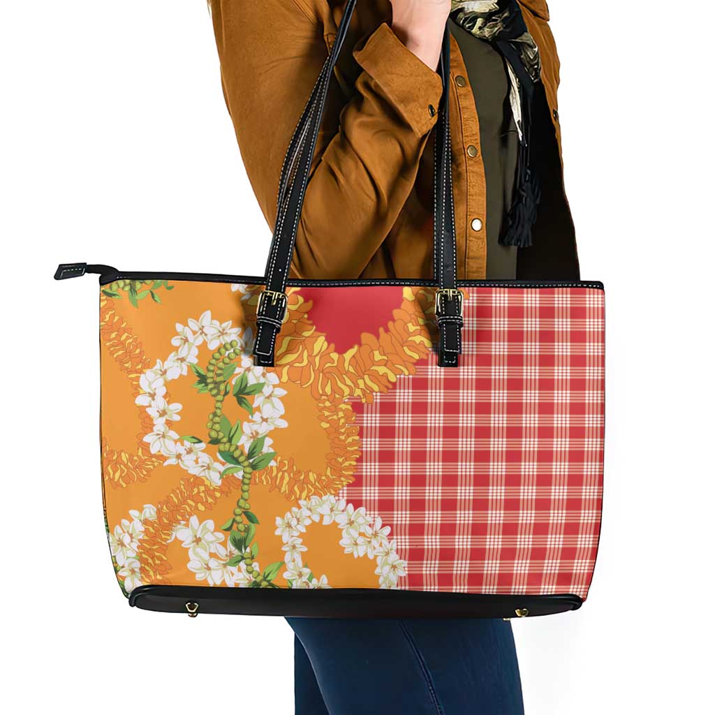 Prince Kuhio Aloha Hawaii Leather Tote Bag Plumeria Ilima Lei Palaka Motifs