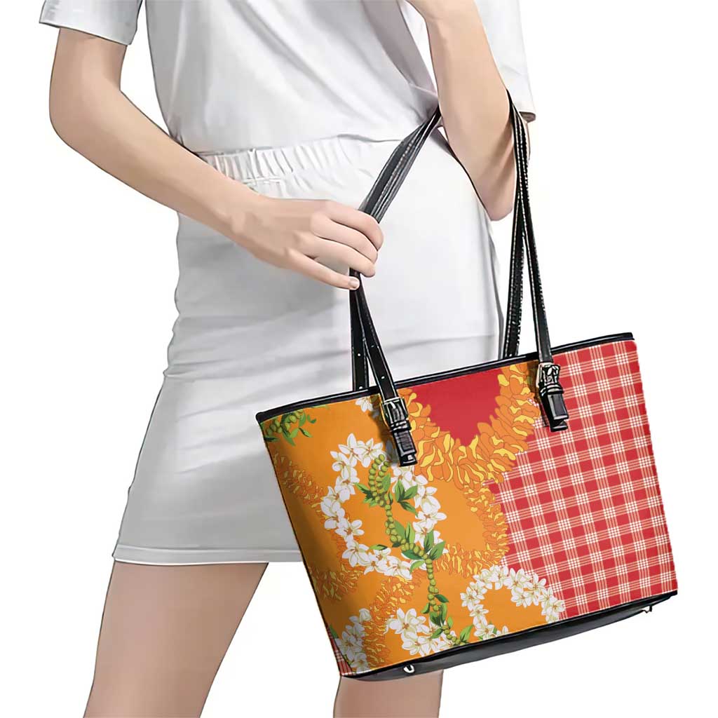 Prince Kuhio Aloha Hawaii Leather Tote Bag Plumeria Ilima Lei Palaka Motifs