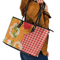 Prince Kuhio Aloha Hawaii Leather Tote Bag Plumeria Ilima Lei Palaka Motifs