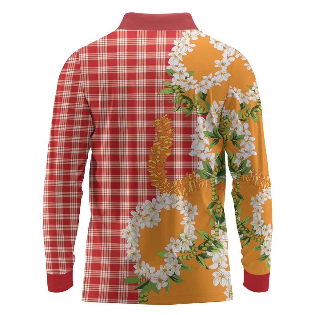 Prince Kuhio Aloha Hawaii Long Sleeve Polo Shirt Plumeria Ilima Lei Palaka Motifs