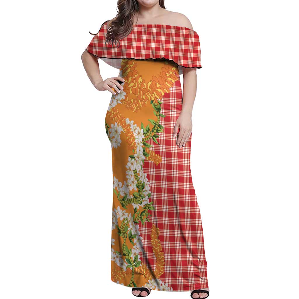 Prince Kuhio Aloha Hawaii Off Shoulder Maxi Dress Plumeria Ilima Lei Palaka Motifs LT14 Women Red - Polynesian Pride
