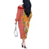 Prince Kuhio Aloha Hawaii Off The Shoulder Long Sleeve Dress Plumeria Ilima Lei Palaka Motifs