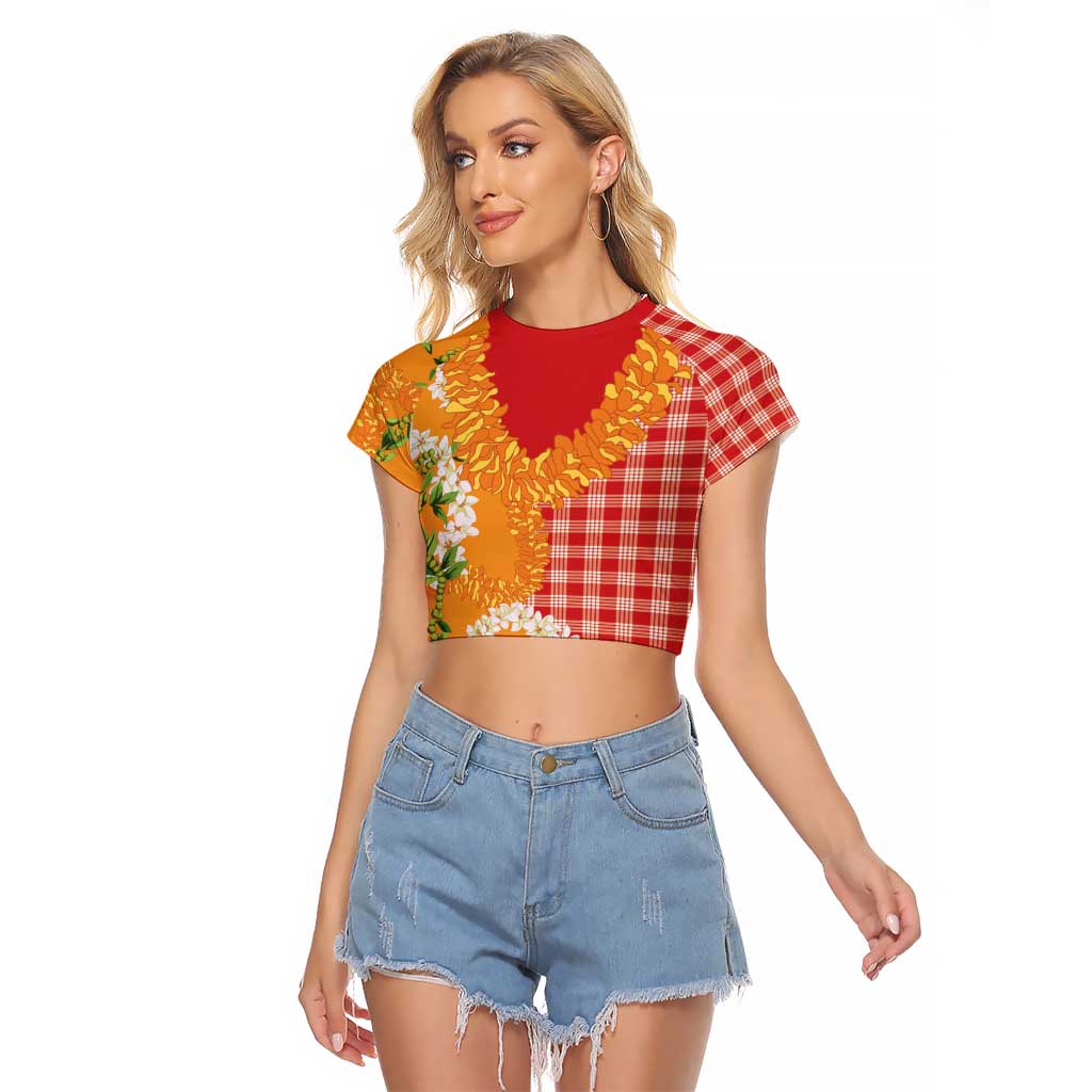 Prince Kuhio Aloha Hawaii Raglan Cropped T Shirt Plumeria Ilima Lei Palaka Motifs