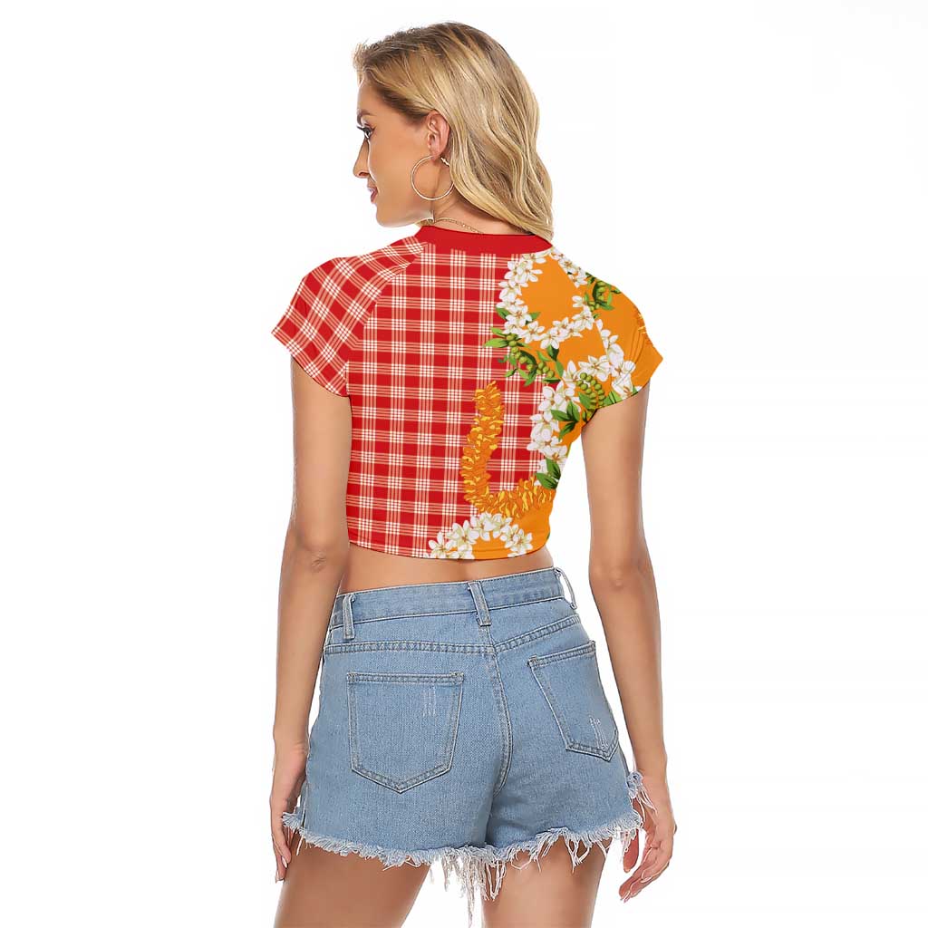Prince Kuhio Aloha Hawaii Raglan Cropped T Shirt Plumeria Ilima Lei Palaka Motifs