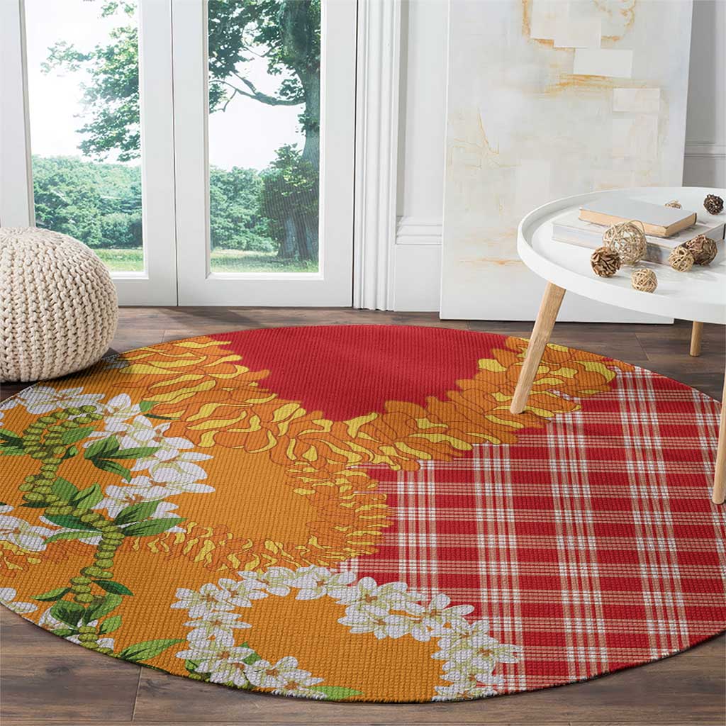 Prince Kuhio Aloha Hawaii Round Carpet Plumeria Ilima Lei Palaka Motifs