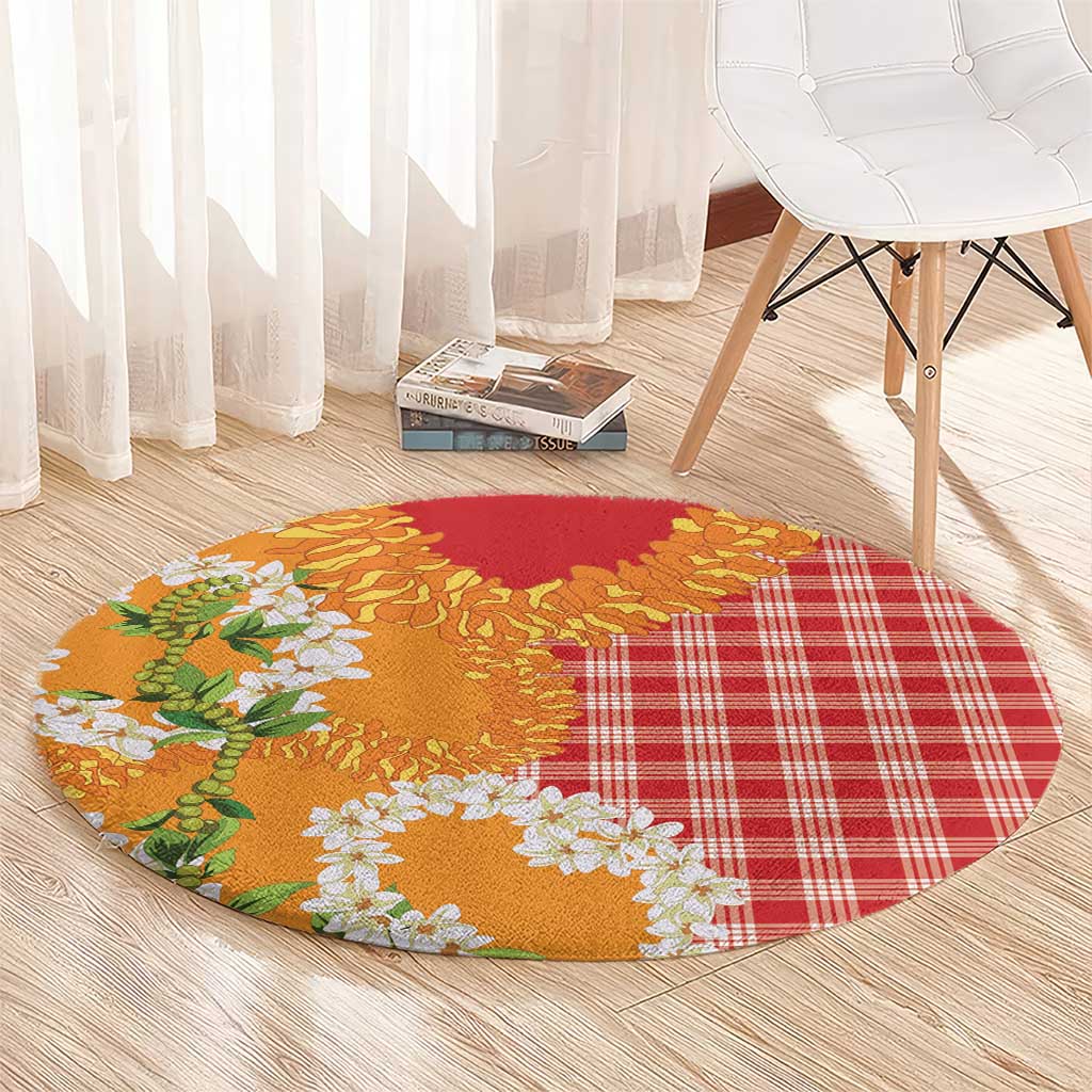 Prince Kuhio Aloha Hawaii Round Carpet Plumeria Ilima Lei Palaka Motifs