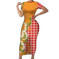 Prince Kuhio Aloha Hawaii Short Sleeve Bodycon Dress Plumeria Ilima Lei Palaka Motifs LT14 Long Dress Red - Polynesian Pride