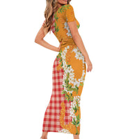 Prince Kuhio Aloha Hawaii Short Sleeve Bodycon Dress Plumeria Ilima Lei Palaka Motifs LT14 - Polynesian Pride